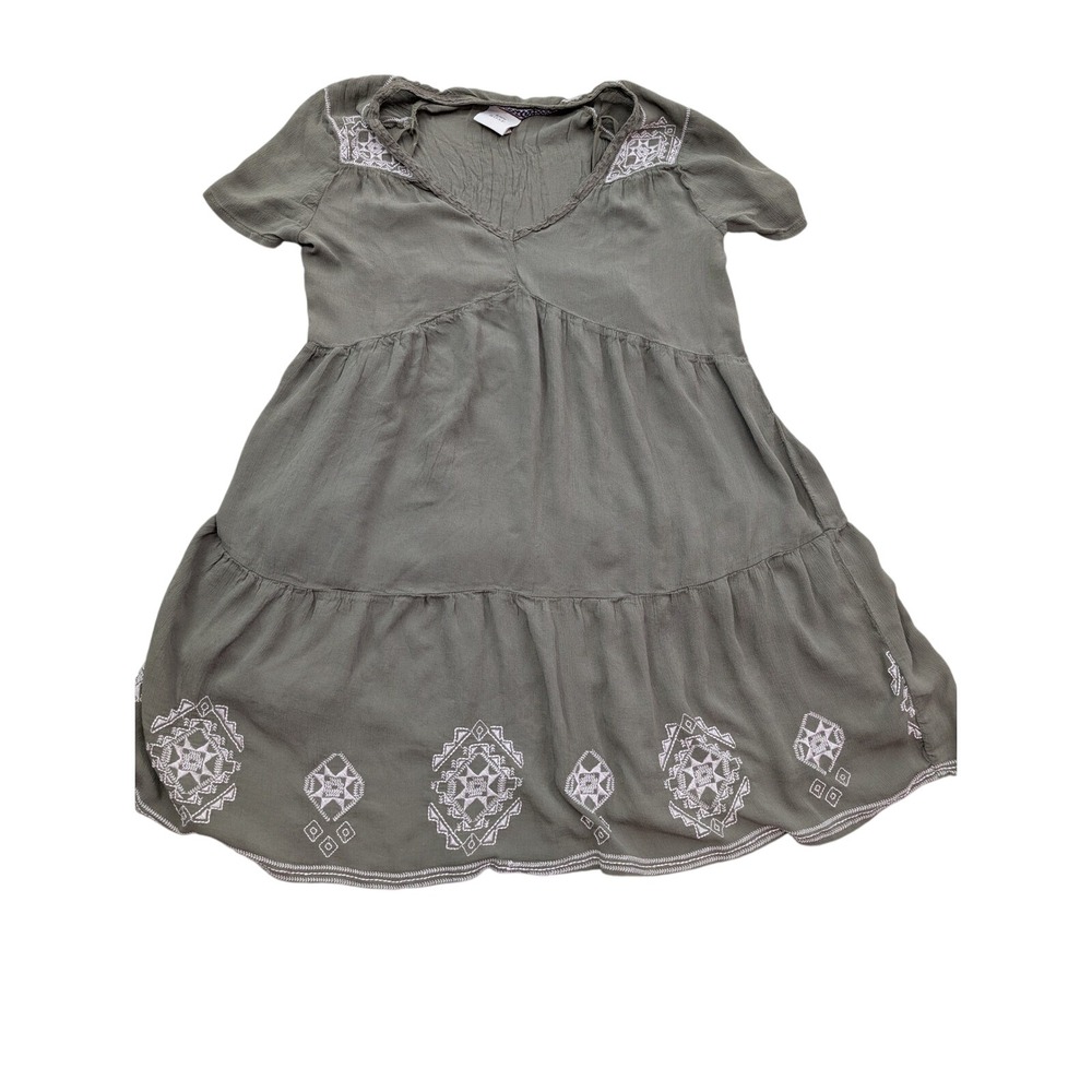 Knox Rose Olive Green Embroidered Tiered Boho Mini Dress V-Neck‎  Rayon Lined